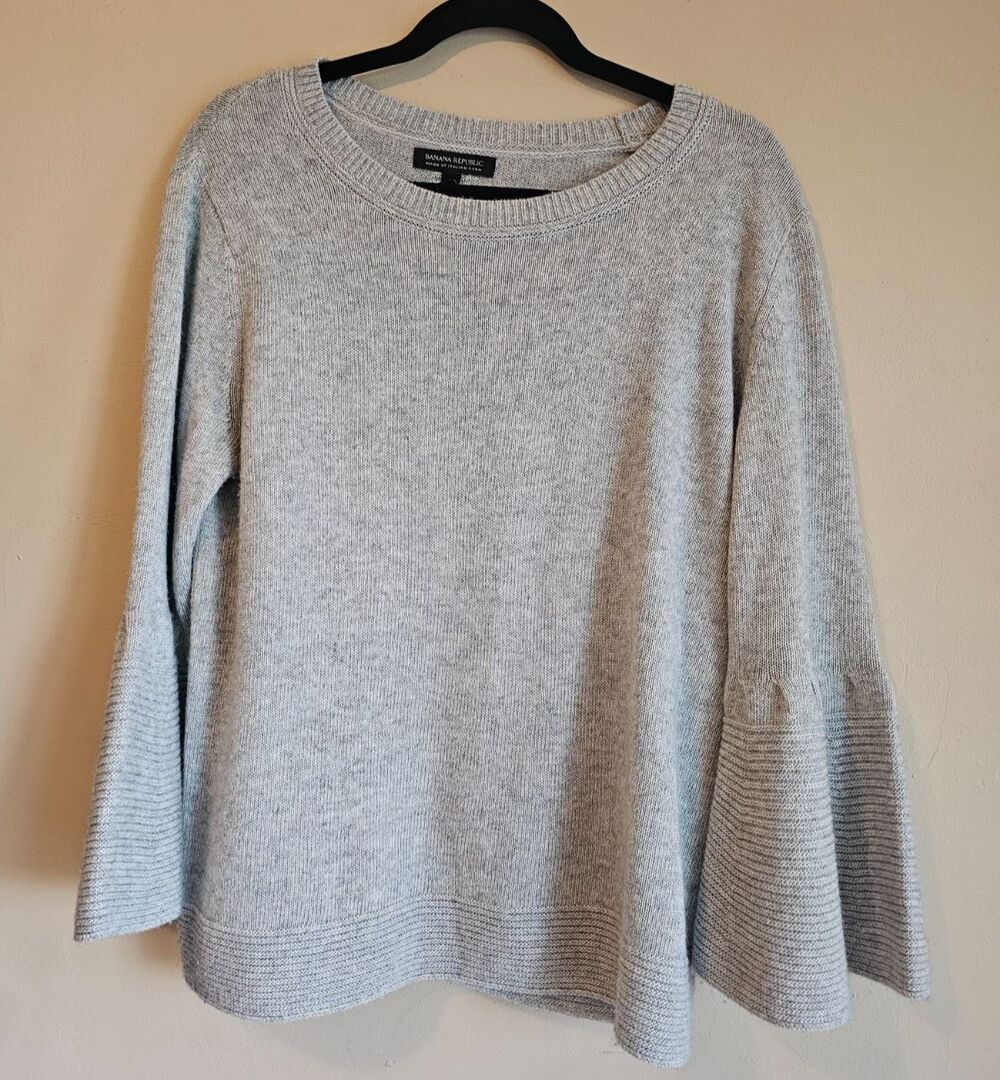 Banana Republic Womens L Grey Italian Yarn Merino Cashmere Bell Sleeve Sweater